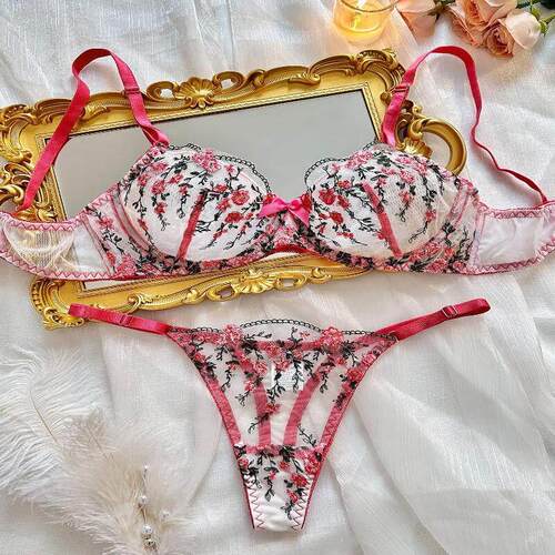 Transparent mesh underwear set气质风碎花刺绣女士内衣套装