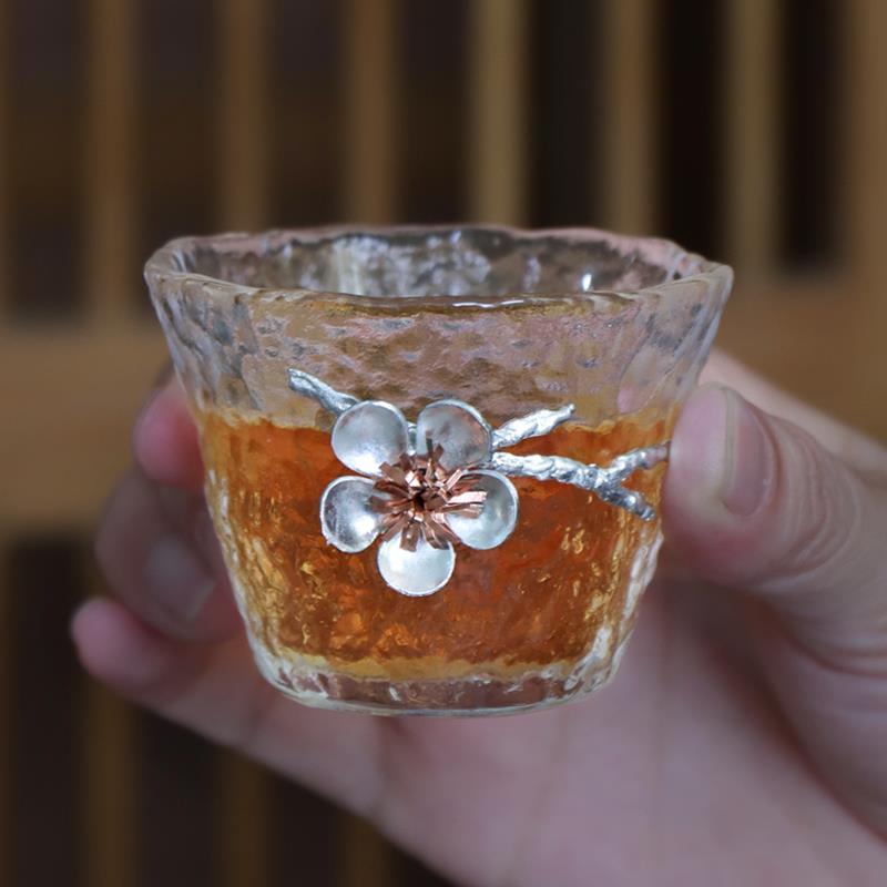 锤纹玻璃茶杯初雪杯梅花主人杯单杯女功夫锡品茗杯日式斗笠杯茶盏
