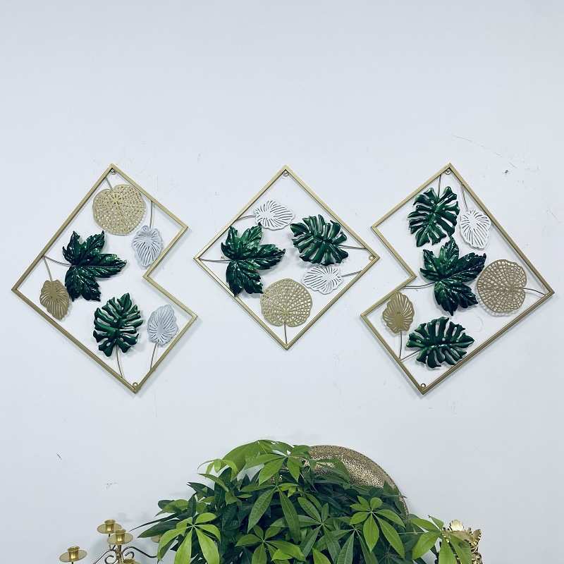北欧沙发背景墙绿植铁艺金属挂画客厅装饰画现代简约三联画墙装饰