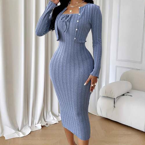 Women's Solid Ribbed Dress & Top Two-piece Set Casual