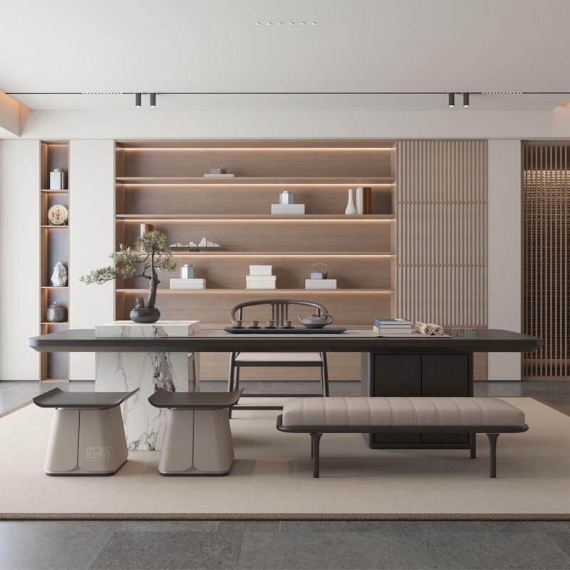 新中式茶桌椅 高级感岩板家用茶台 实木办公茶室轻奢茶桌岩板岛台