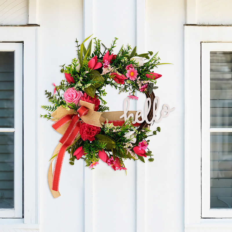 豪贝圣诞节装饰品夏季绿色花环前门橱窗挂件蝴蝶结郁金香花圈挂件