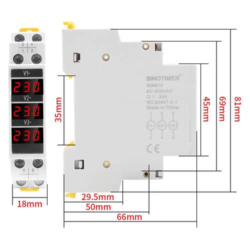 SDM010 模数化导轨式交流三相数显电压表电子电工仪表 AC80-500V