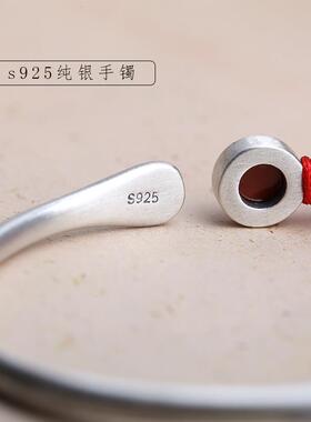 新款文艺925纯红银细手镶镯亚实心开口嵌南玛瑙小光众设计中式手