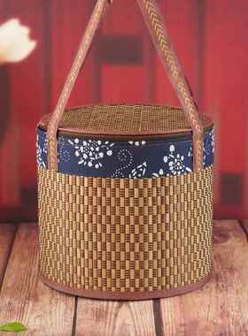 圆形可折叠竹篮大闸蟹篮筐粽子篮 年货 普洱茶饼红酒鸡蛋特产包装