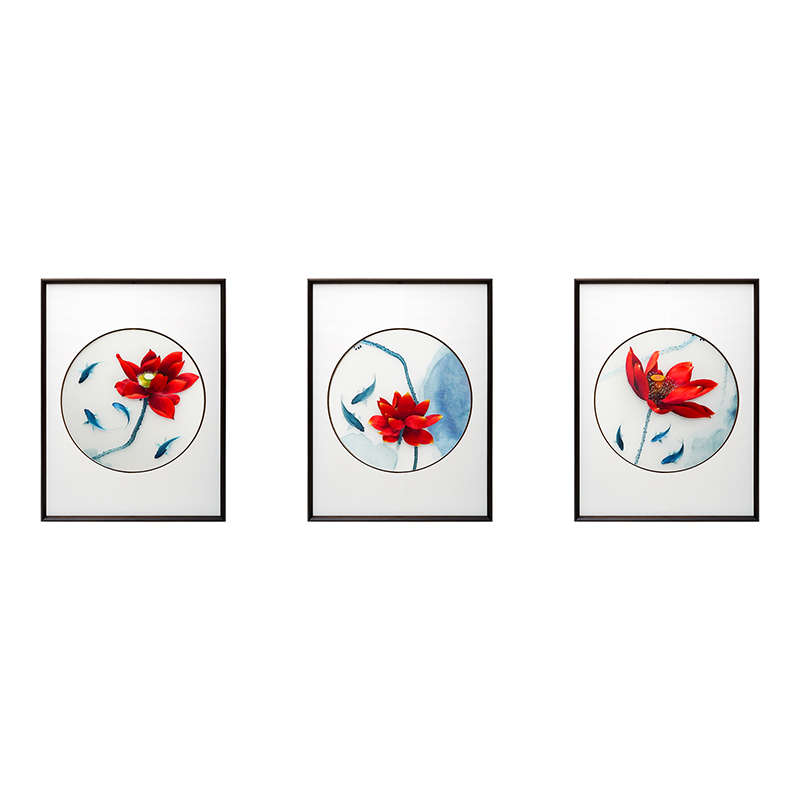 刺绣画苏绣成品客厅新中式电视沙发背景荷花三联纯手工挂画装饰画图片