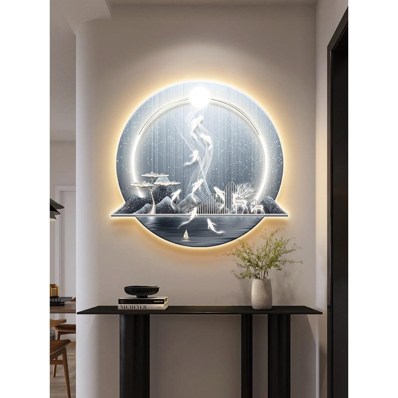 轻奢九鱼图玄关过道装饰画山水走廊尽头带灯挂画抽象入户圆形壁画