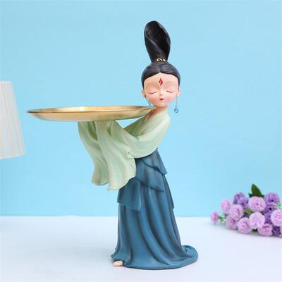 创意国潮古风倾城赋侍女托盘家居酒柜玄关钥匙收纳装饰品摆件