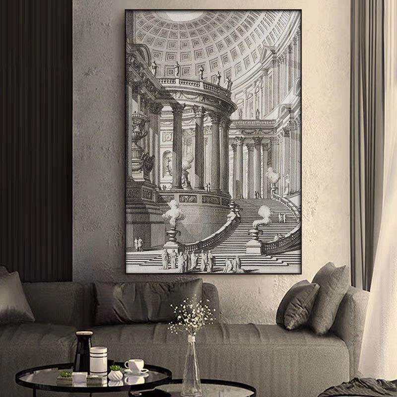 城市古建筑落地装饰画黑白艺术风景素描创意现代简约客厅卧室挂画