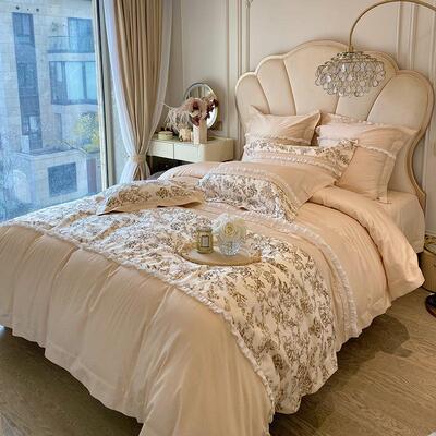 法式100S高支长绒棉四件套公主风花边被套全棉双人1.8m床上用品
