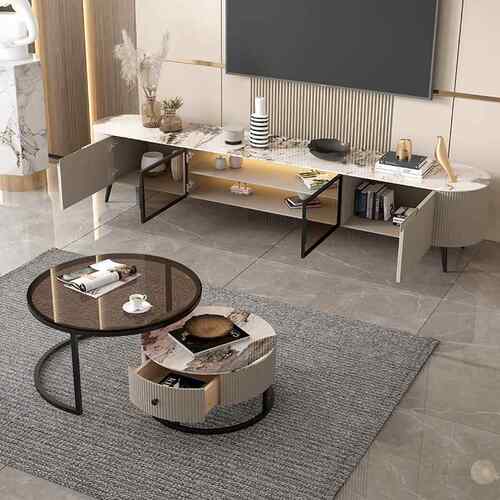 意式极简家电视现代小户型岩板地柜176客厅璃具钢化玻茶柜几组合