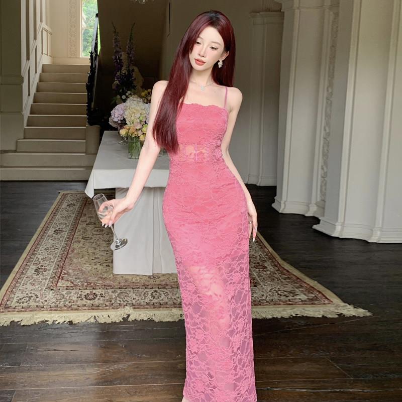 小众性感风方领蕾丝吊带抹胸长裙纯欲淑女气质露背后开叉洋装女