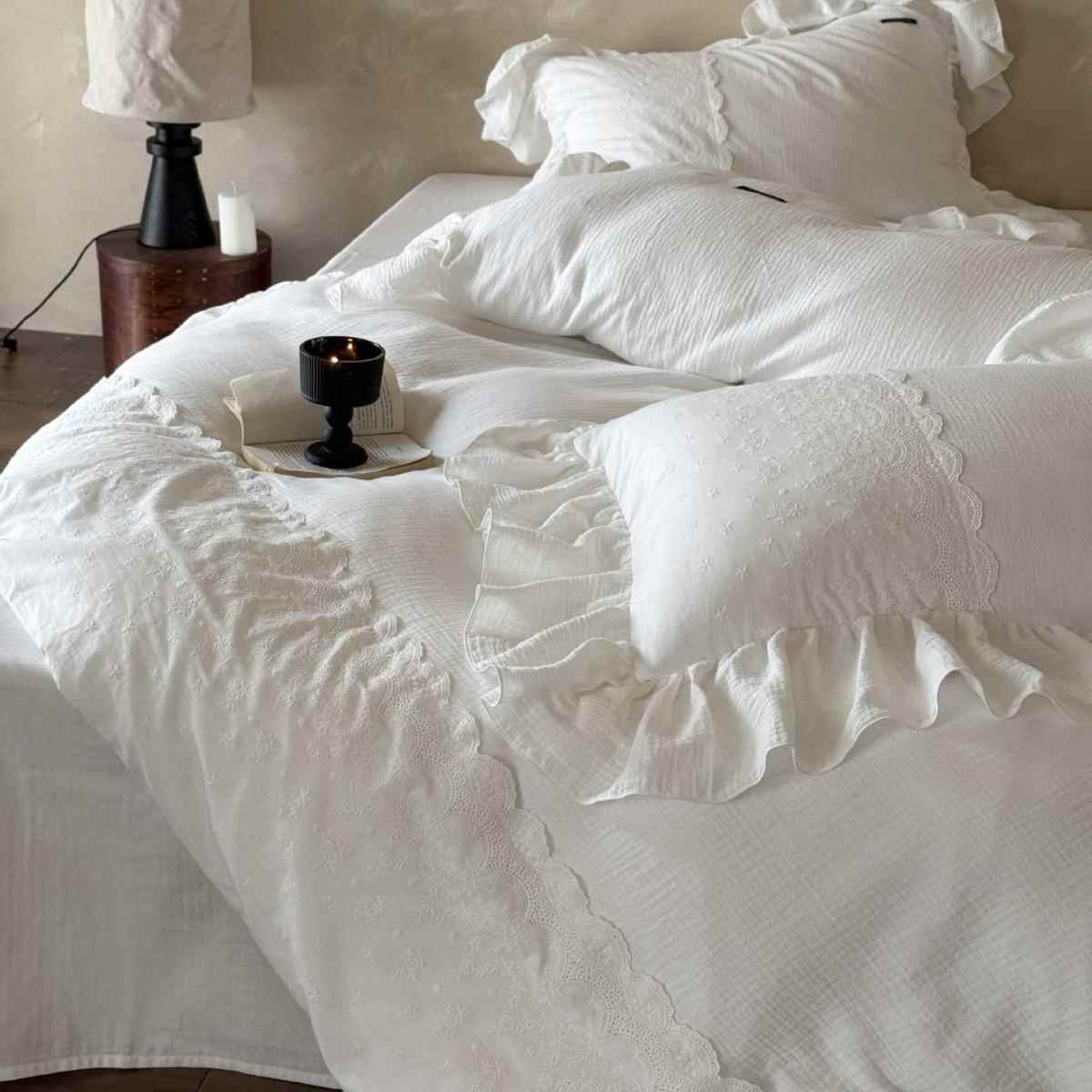 山野栀子|日式纯色双层纱四件套花边被套床单纯棉床上用品花边