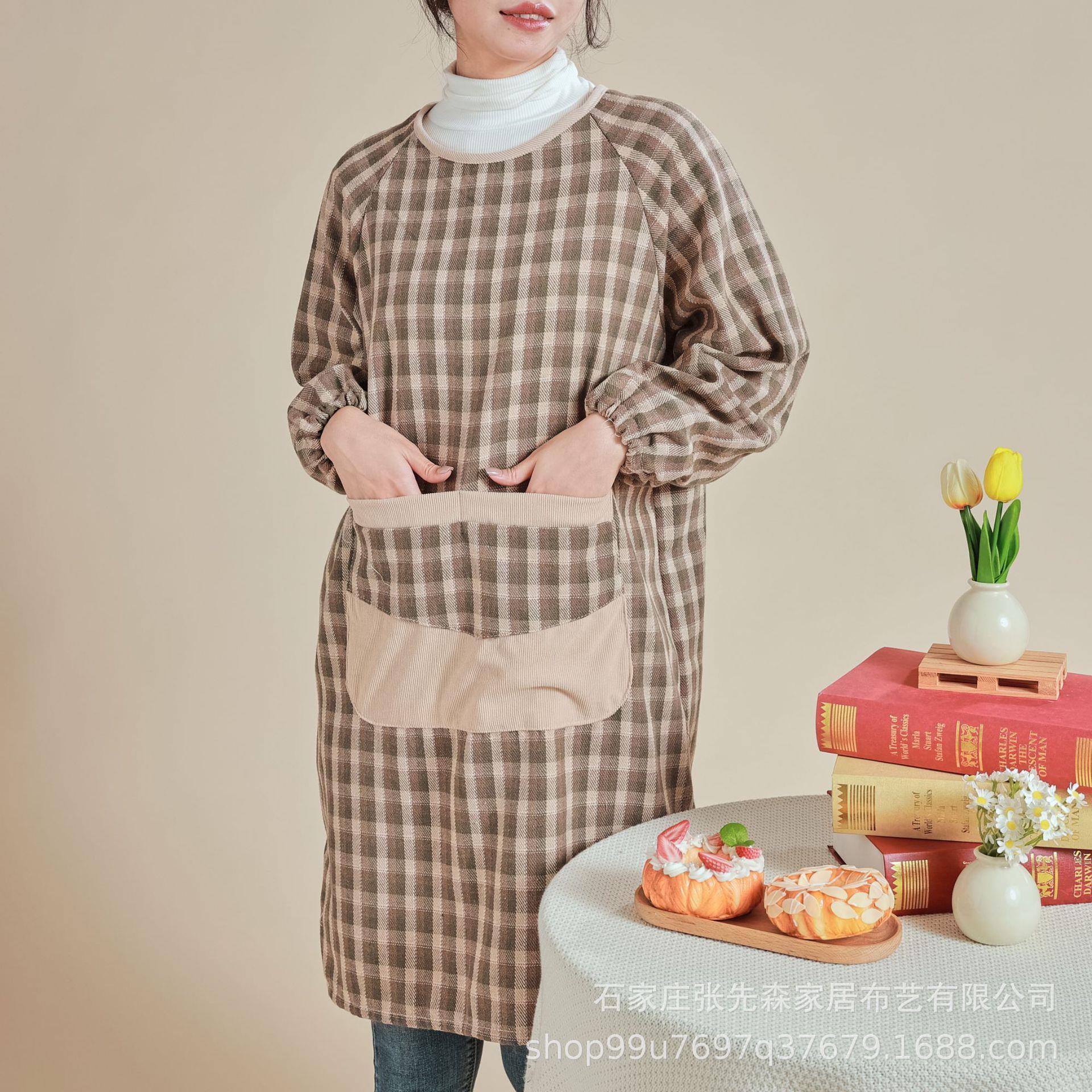 窗帘格子长袖涤棉厨房围裙大人可爱带袖罩衣女士防污工作服反穿衣