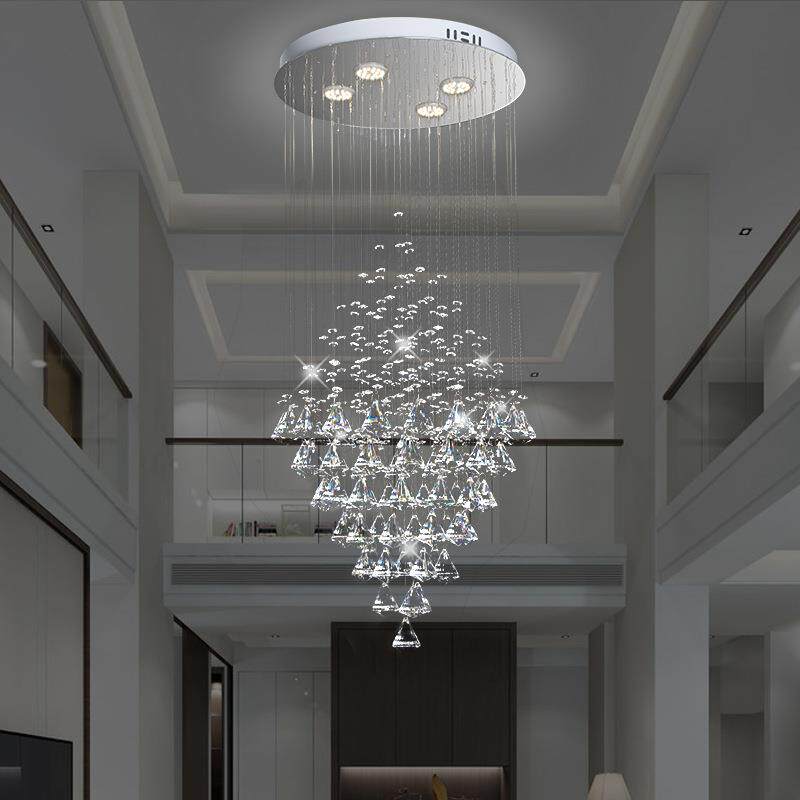 现代简约楼梯间玻璃吊灯别墅大客厅长吊灯led变色双色水晶灯具