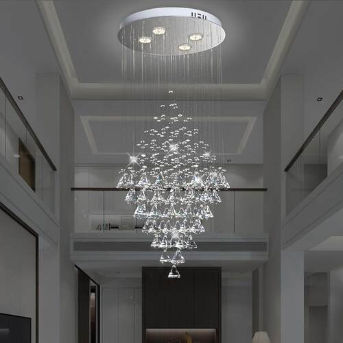 现代简约楼梯间玻璃吊灯别墅大客厅长吊灯led变色双色水晶灯具