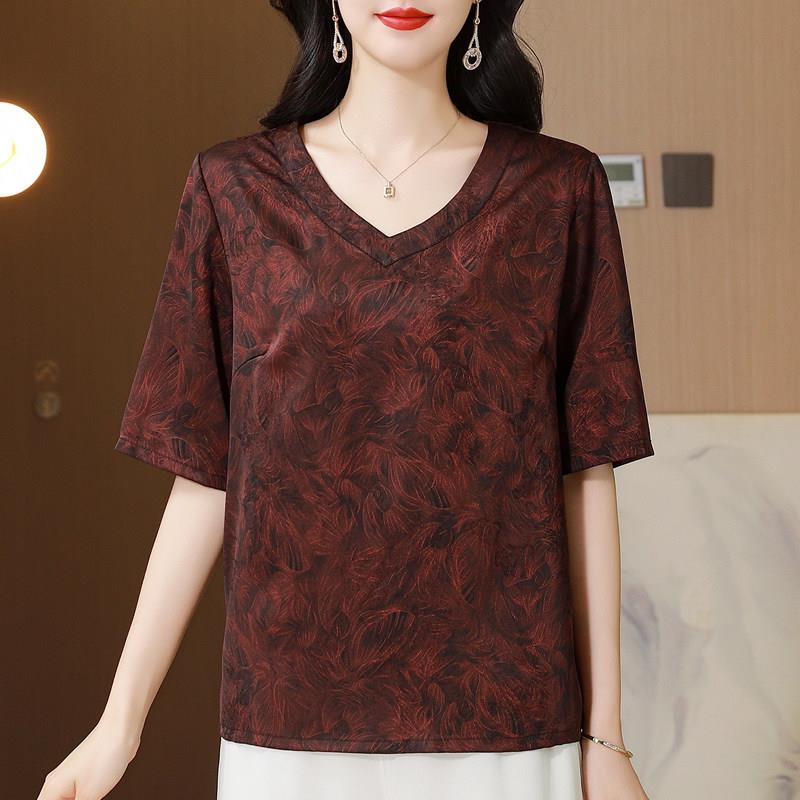妈妈装香云纱真丝上衣女夏季新款中老年宽松大尺码桑蚕丝V领短袖T