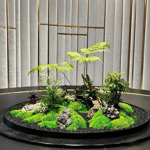 新中式餐桌花转盘摆件酒店圆桌彷真绿植微景观彷生苔藓盆景装饰品