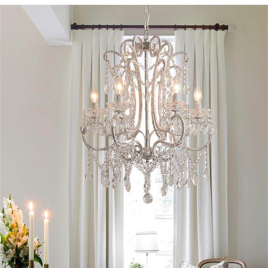美式乡村吊灯客厅餐厅灯卧室装饰铁艺复古白色公主儿童房水晶吊灯