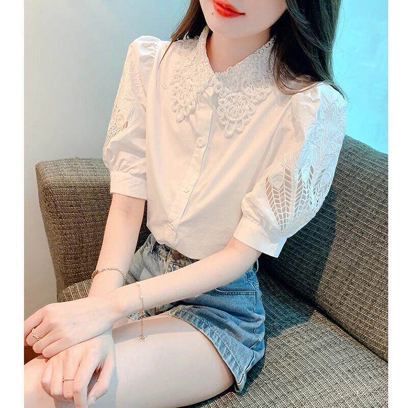 欧洲站白色雪纺衬衫女2025新款夏季高级感时尚洋派小个子短袖上衣
