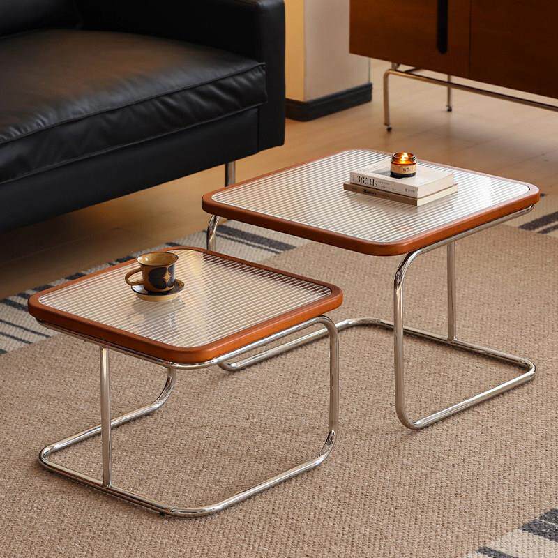 极简中古茶几小户型客厅家用藤编边几覆古不锈钢玻璃方矮桌子组合