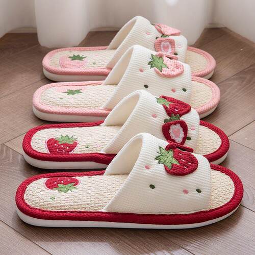 Strawberry Linen Slippers for Women - Spring and Autumn Brea