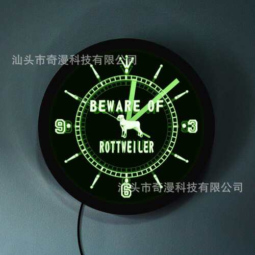LED发光挂钟小心罗特维尔犬创意黑色墙钟装饰时钟壁钟跨境亚马逊