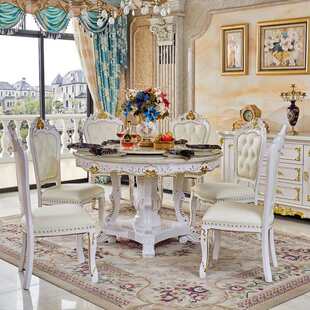 欧式圆餐桌椅组合法式实木大理石圆形雕花饭厅带转盘吃饭桌子