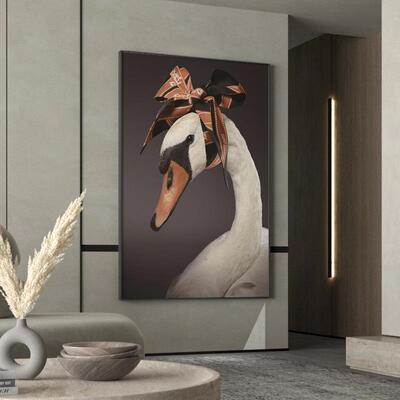 网红现代轻客玄关动物装饰画天美鹅个性艺术式厅背奢景版墙壁竖挂