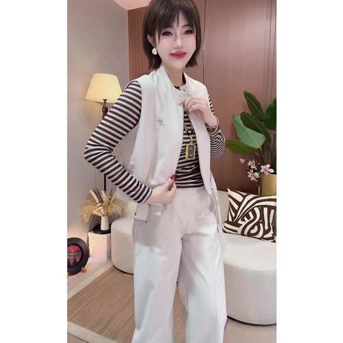 极速网红同款时尚套装女2026秋季新款马甲+条纹打底衫+阔腿裤三件