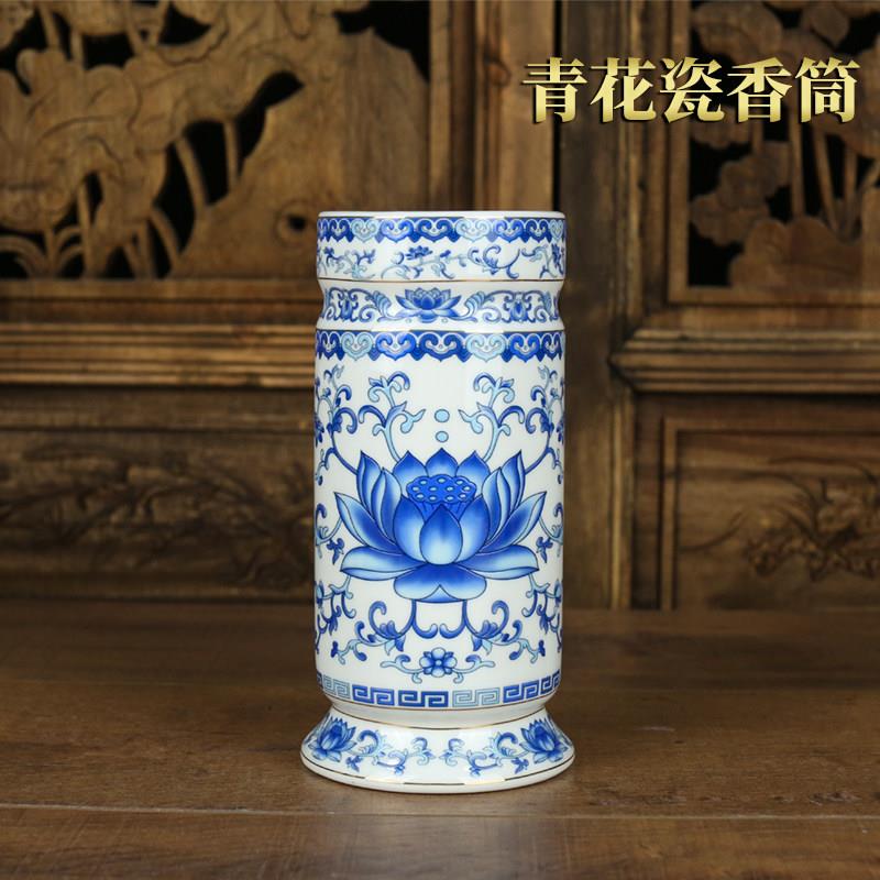 青花瓷香筒家用供佛香桶插花瓶陶瓷竹签香香筒佛堂供瓶装香的香桶