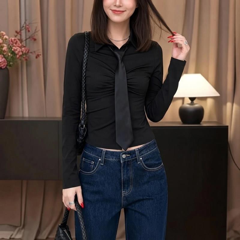 新品黑色翻领衬衫女2026早秋新款衬衣设计感小众修身显瘦打底正肩