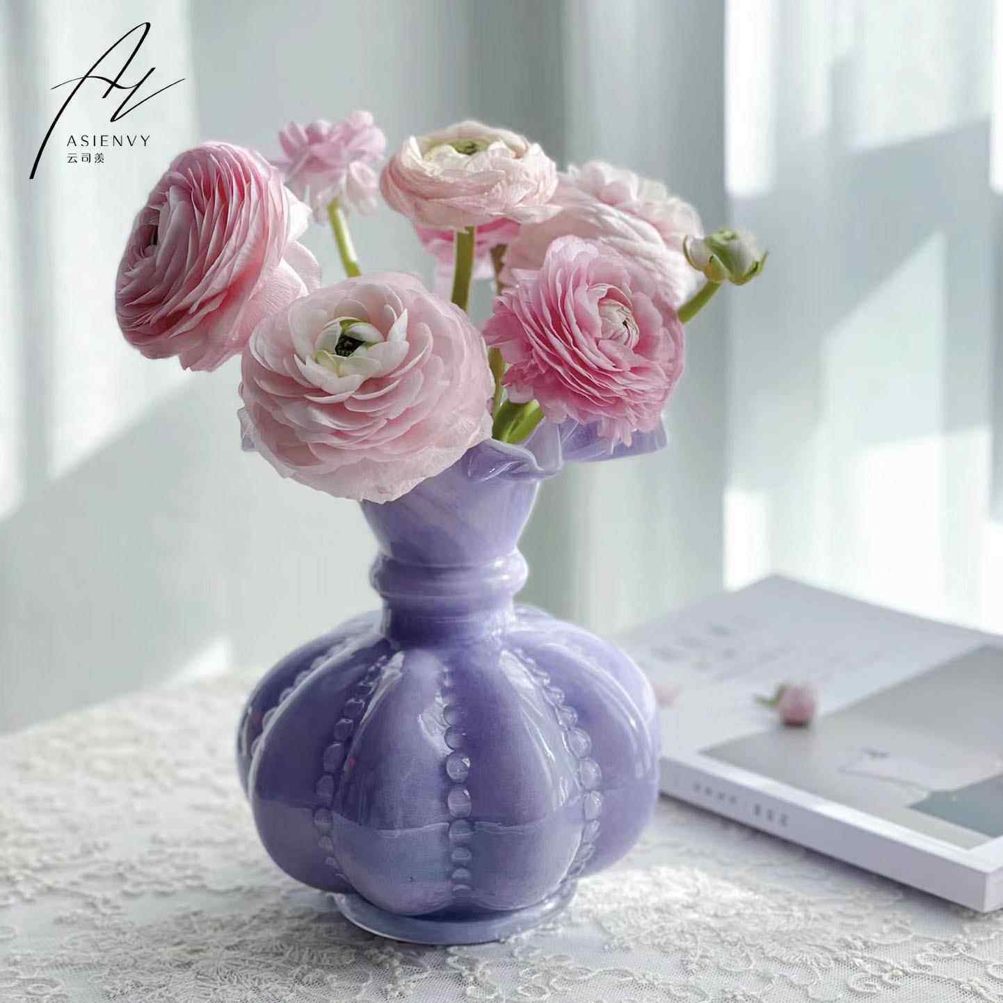 芬南瓜花纹瓜珠六角手工瓶N2H28801水培插花玻璃装瓶饰品顿摆件