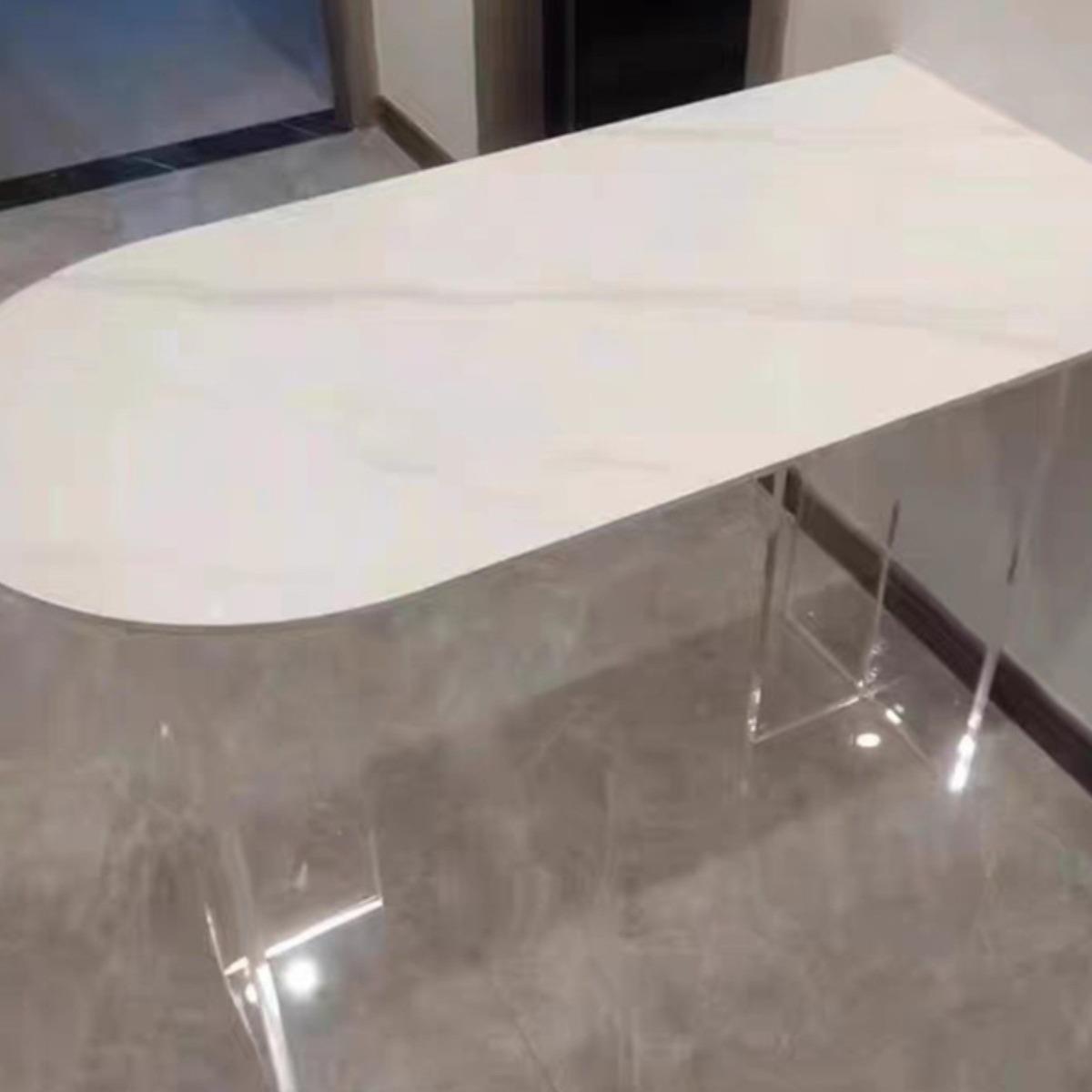 奶油风亚克力悬浮实木岛台餐桌家用靠墙半圆纯白岩板饭桌设计师桌