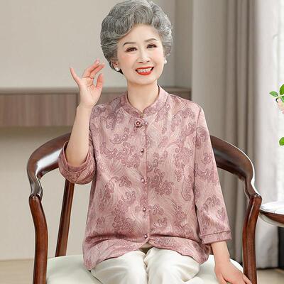 【桑蚕丝100%】国风中老年人奶奶夏装衬衫女大尺码真丝立领上衣套