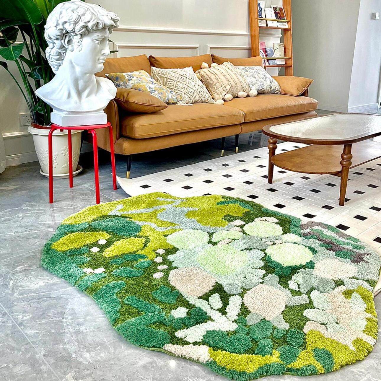 苔藓地毯植绒床边客厅家用田园风耐脏小花地垫卧室地毯客厅地垫