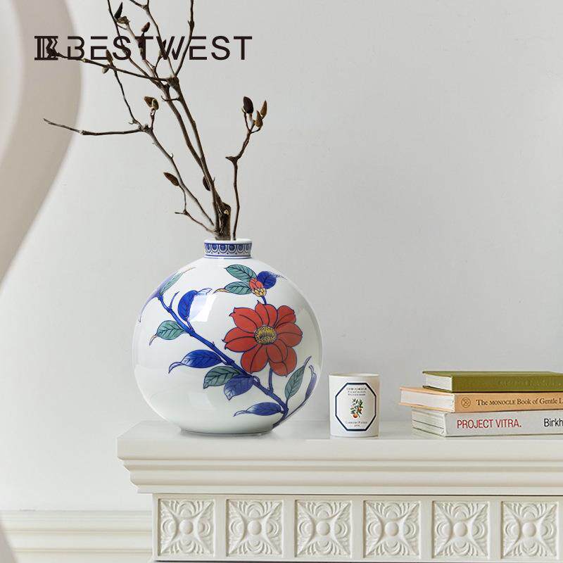 Best west 新中式复古双耳青花瓷陶瓷花瓶摆件家居酒壶花器装饰品