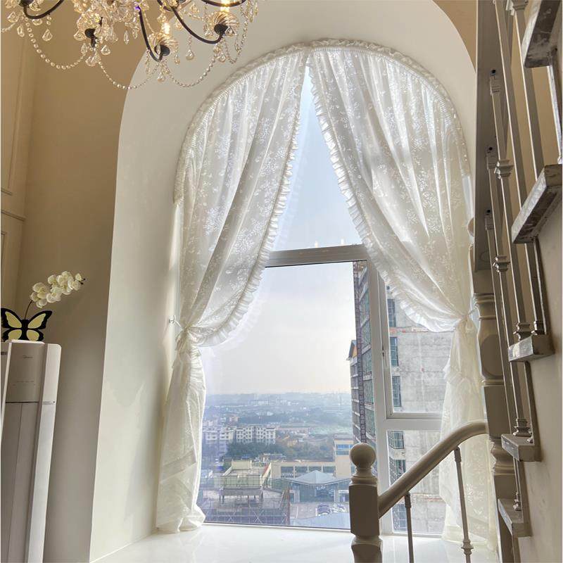 拱形窗帘法式田园透光不透人酒店民宿美容院弧形纱帘定做斜面三角