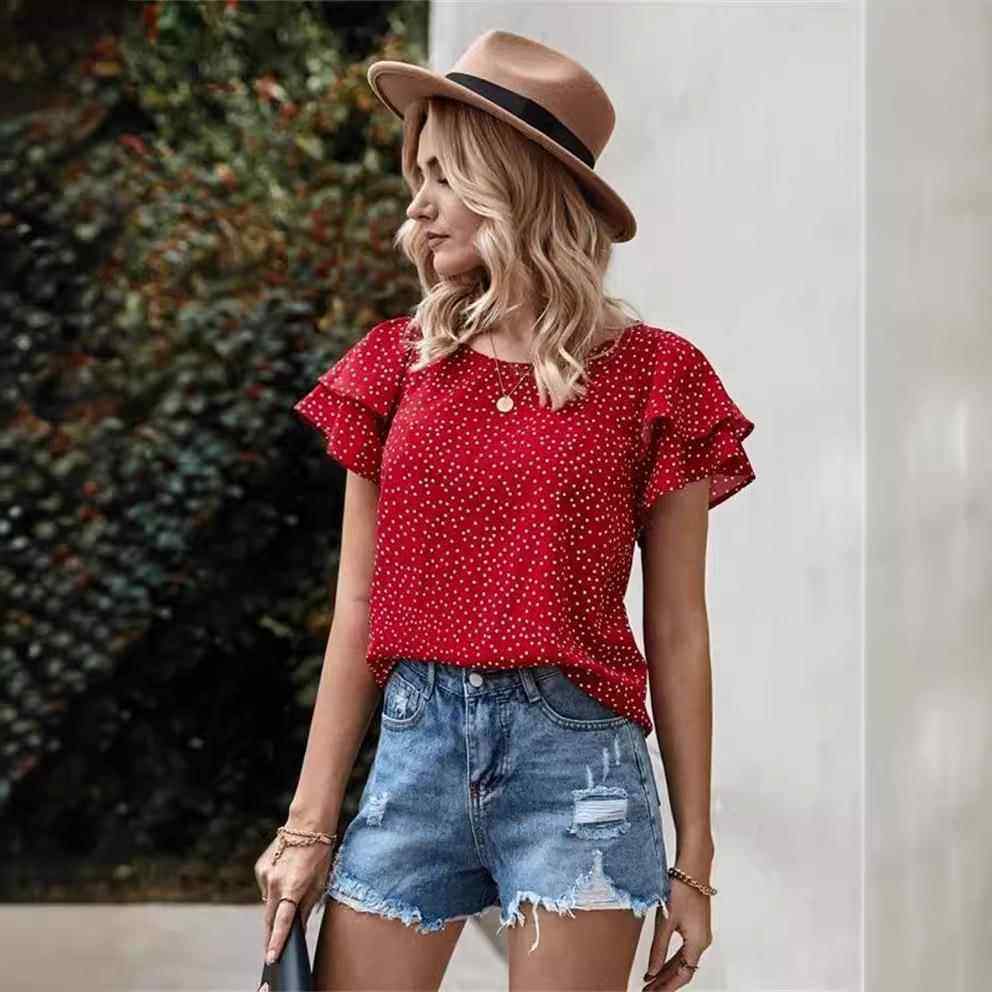 Polka dot red lotus leaf all-match T-shirt women's top