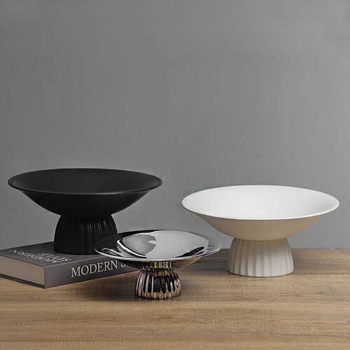创新意玄现代轻奢黑陶瓷高脚圆果盘中式白样板间饰品家居关TIX桌