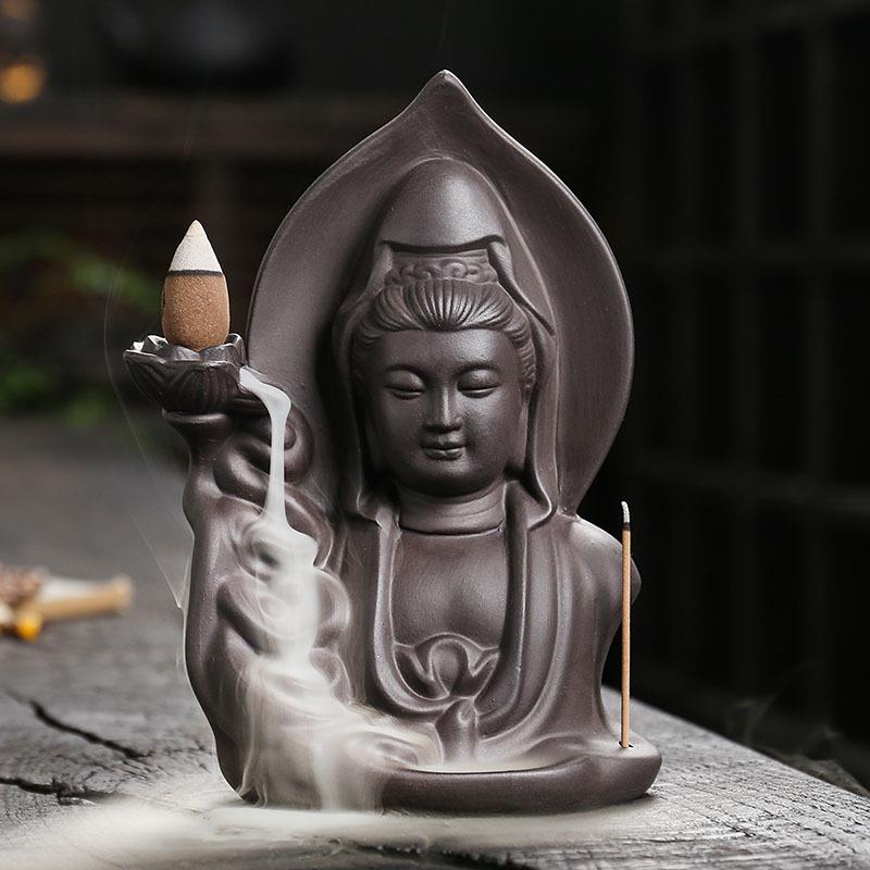 跨境紫砂倒流烟香薰炉 创意观音檀香沉香倒流香炉家居工艺品摆件