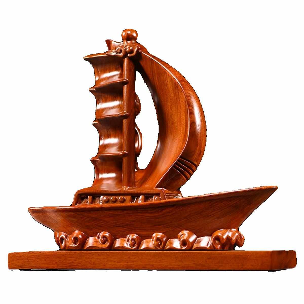 一帆风顺帆船摆件花梨木雕刻帆船模型实木制家居客厅桌面装饰摆件