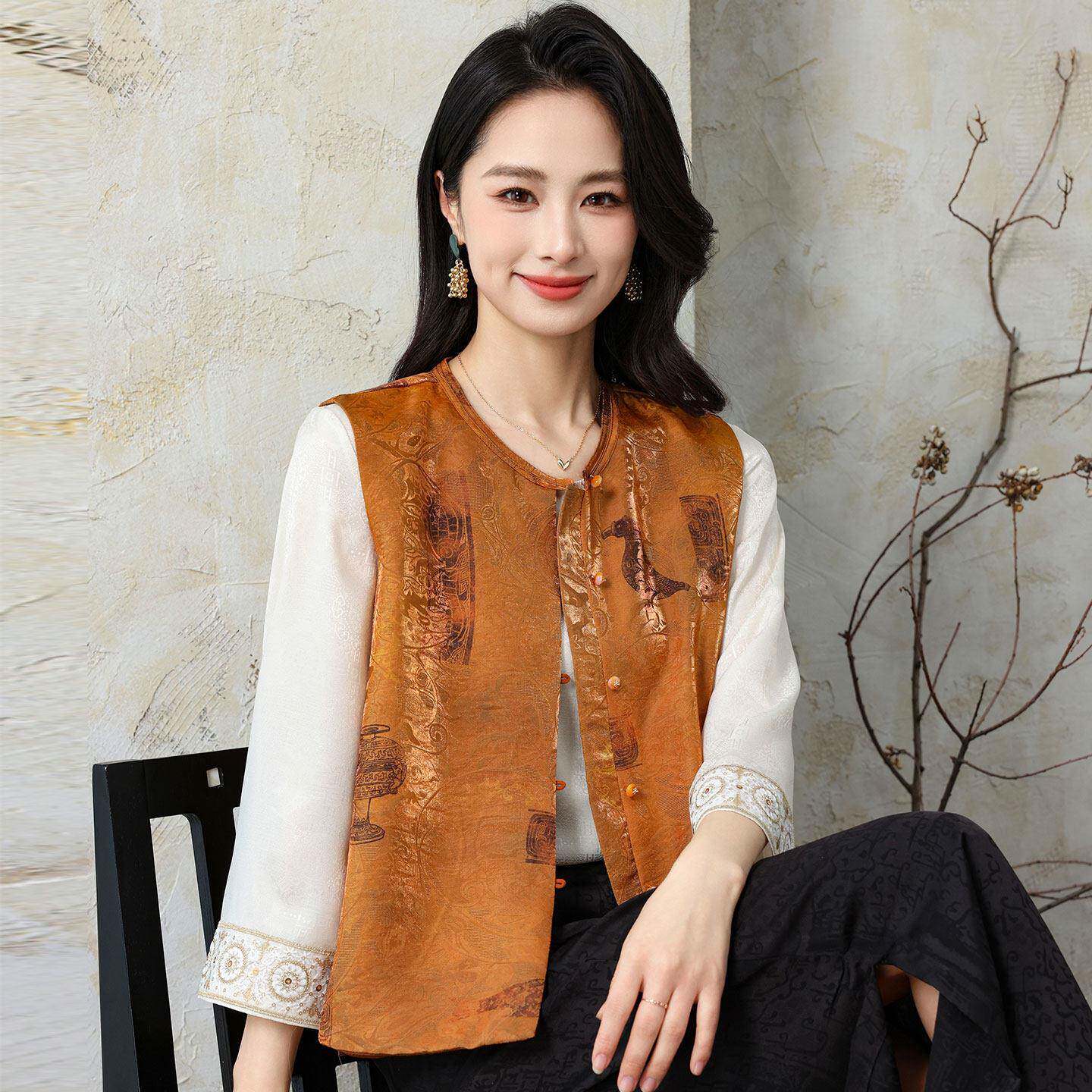 民族风中年马甲女开衫夏装桑蚕丝100%套装妈妈印花真丝马夹上衣薄