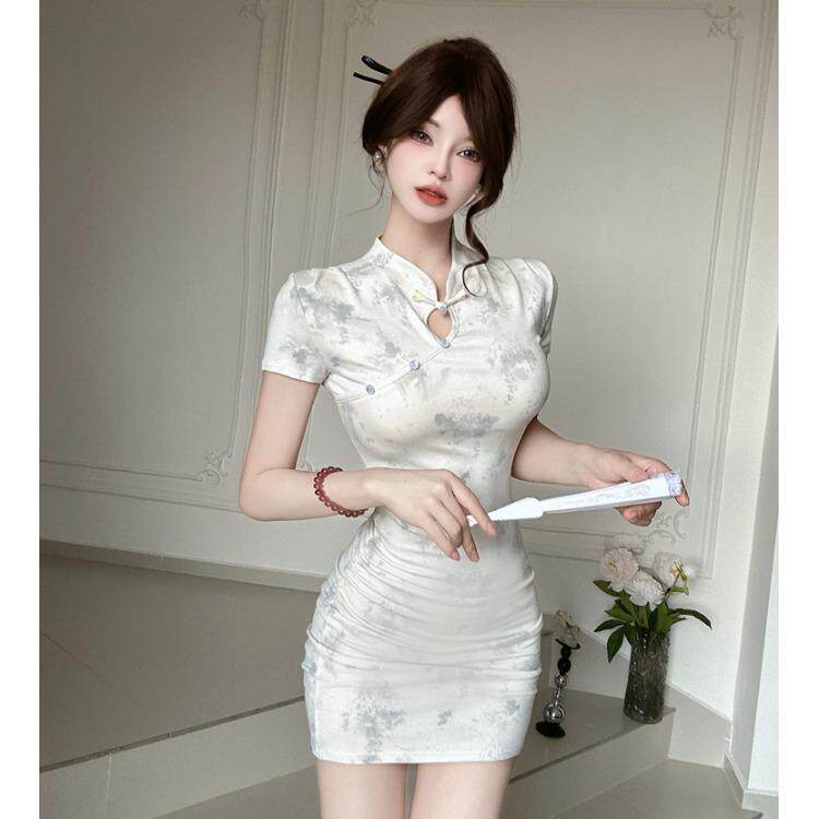 夏季新中式国风年轻款改良旗袍短款紧身包臀连衣裙直播女主播衣服
