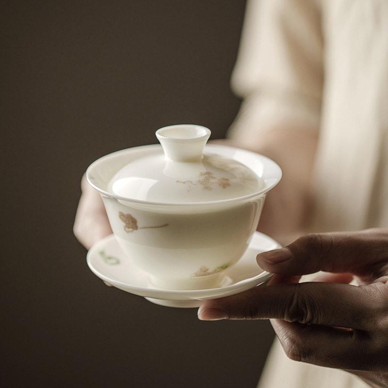 束刻 纯手工三才盖碗茶杯白瓷个薄胎陶瓷茶碗功夫茶具套装