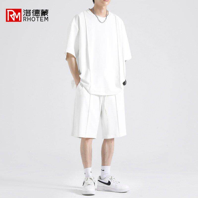 洛德蒙男士薄款夏季运动套装冰丝休闲运动跑步短袖短裤大码两件套