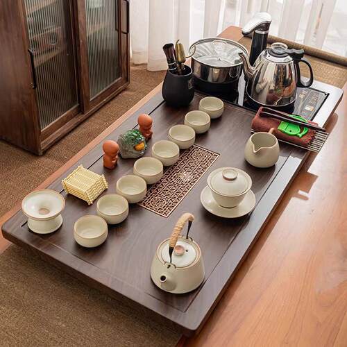 汝窑整套全自动功夫茶具套组家用茶盘组合四合一烧水壶炉茶台茶海