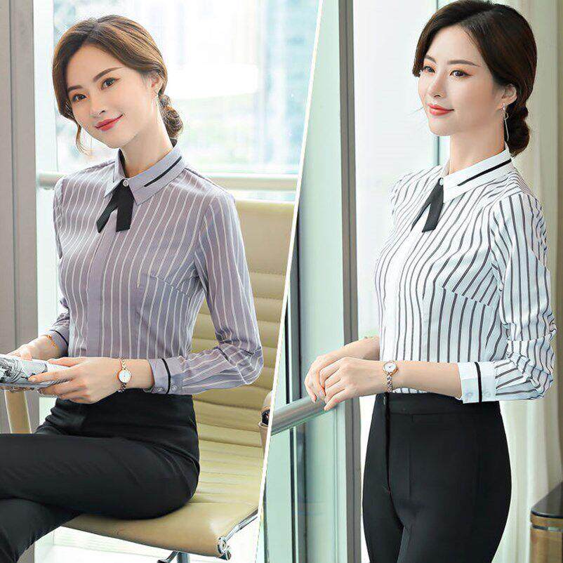 灰色条纹衬衫春秋冬女式长袖新职业工作服白衬衫服务生工作服