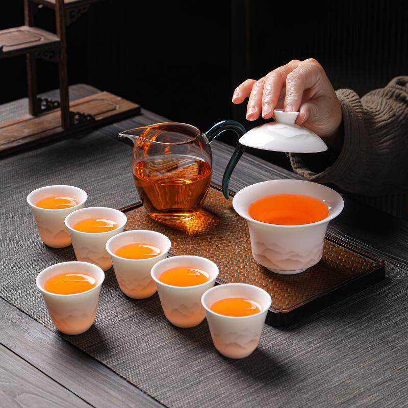 简约水墨远山功夫茶具新中式羊脂玉白瓷盖碗侧把壶喝茶杯礼盒套组