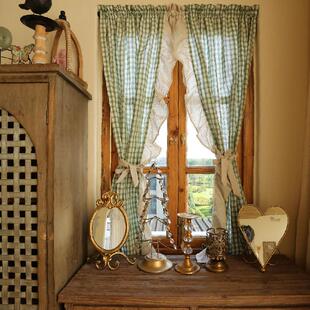 乡村覆古绿格子麻布祖母风格子窗帘门帘半帘穿杆挂钩魔术贴定